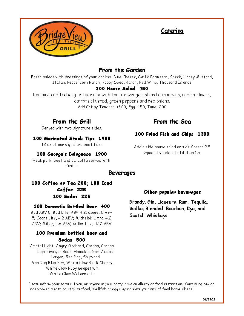 Bridge View Grill Catering Menu